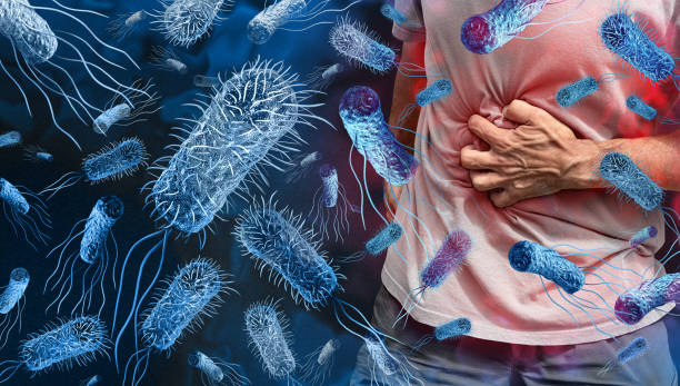 Digital illustration showing a person nurturing their stomach on the right and beneficial bacteria on the left, highlighting the connection between gut health and overall well-being. Food poisoning image