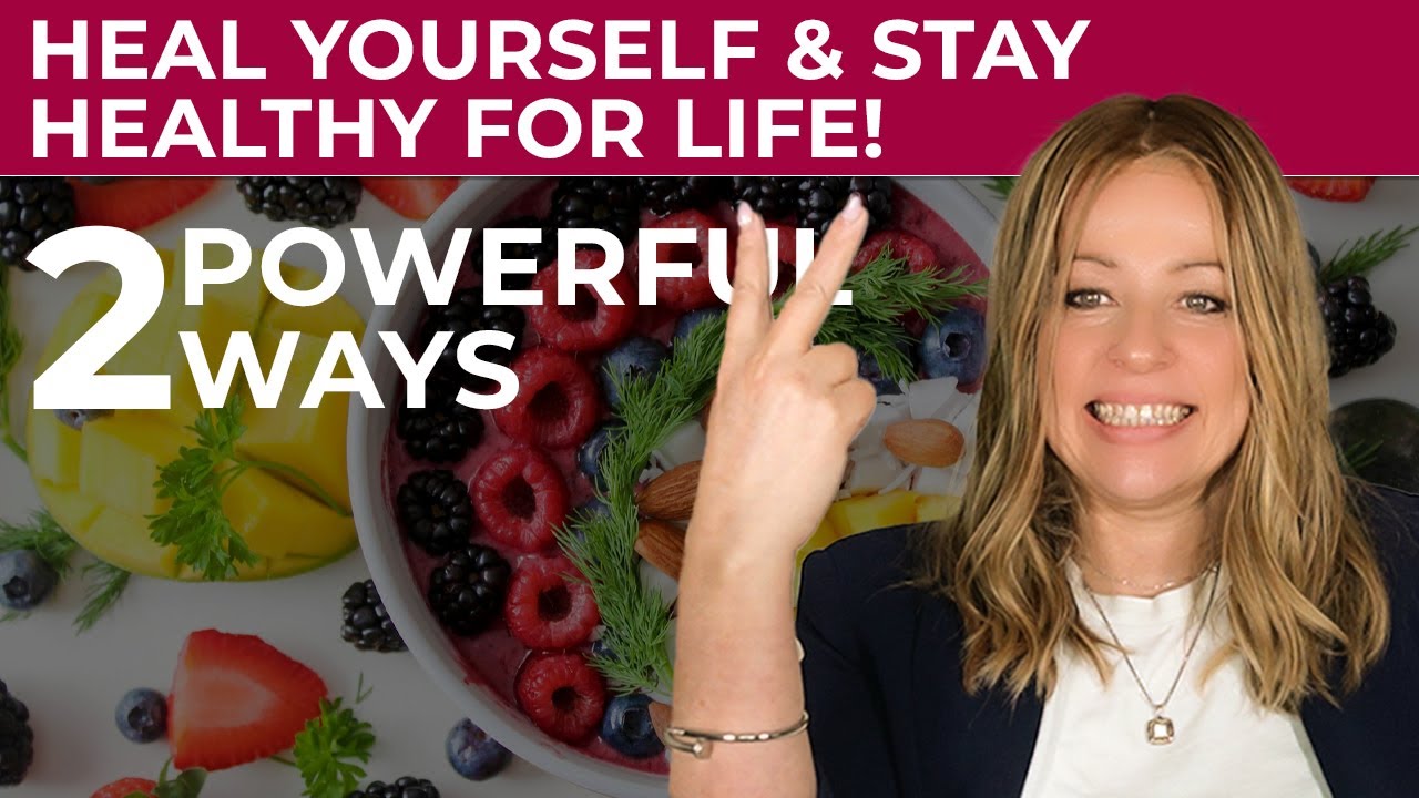 A woman smiles and holds up two fingers in front of a bowl of fruit. Text reads, "BOOST YOUR GUT & STAY HEALTHY FOR LIFE! 2 POWERFUL TIPS FOR DIGESTIVE WELLNESS.
