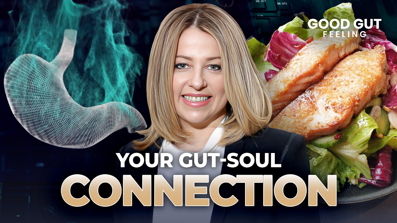 A woman smiles in front of a vibrant digital illustration of a healthy gut and a plate of salmon salad. The text "Your Gut-Soul Connection" and "Good Gut Feeling" stand out, emphasizing The Gut Soul Connection: Uniting Digestive Wellness, Mind-Body Health & Spiritual Balance in the background.