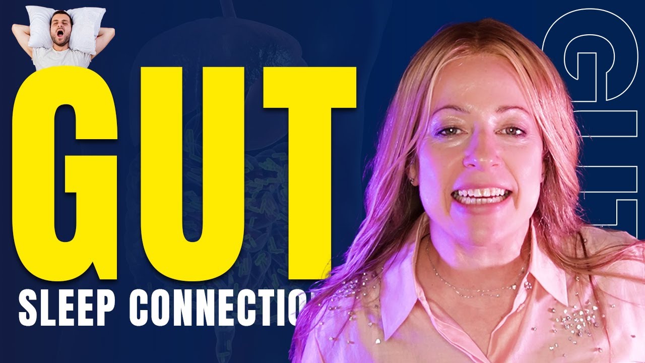 A woman smiles in front of bold yellow text reading "GUT HEALTH & SLEEP," with a small image of a person peacefully resting on a pillow in the top left corner, highlighting the link between gut health and restful sleep.