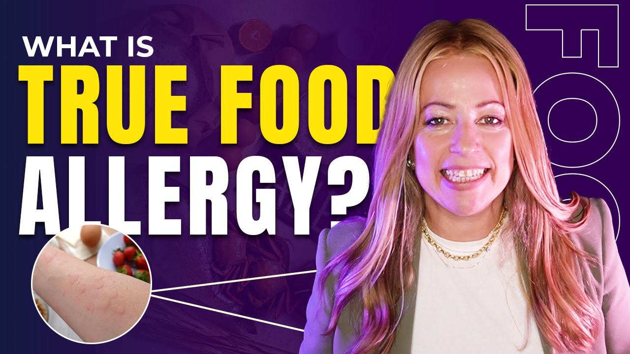 A woman stands beside bold text that reads, "How Does Gut Health Impact Food Allergies?" An inset image shows a close-up of an irritated forearm, suggesting a connection between digestive wellness and allergic reactions.
