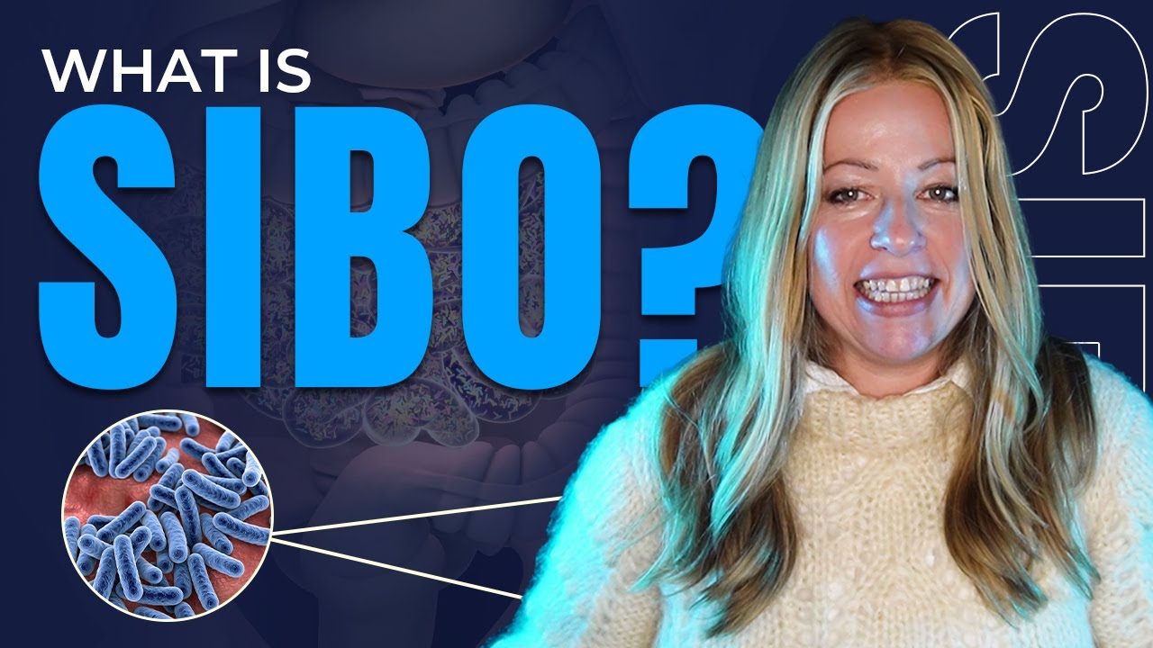 A woman in a cream sweater stands beside large text reading "How SIBO Affects Your Gut Health," with an image of gut bacteria shown in a circular inset.