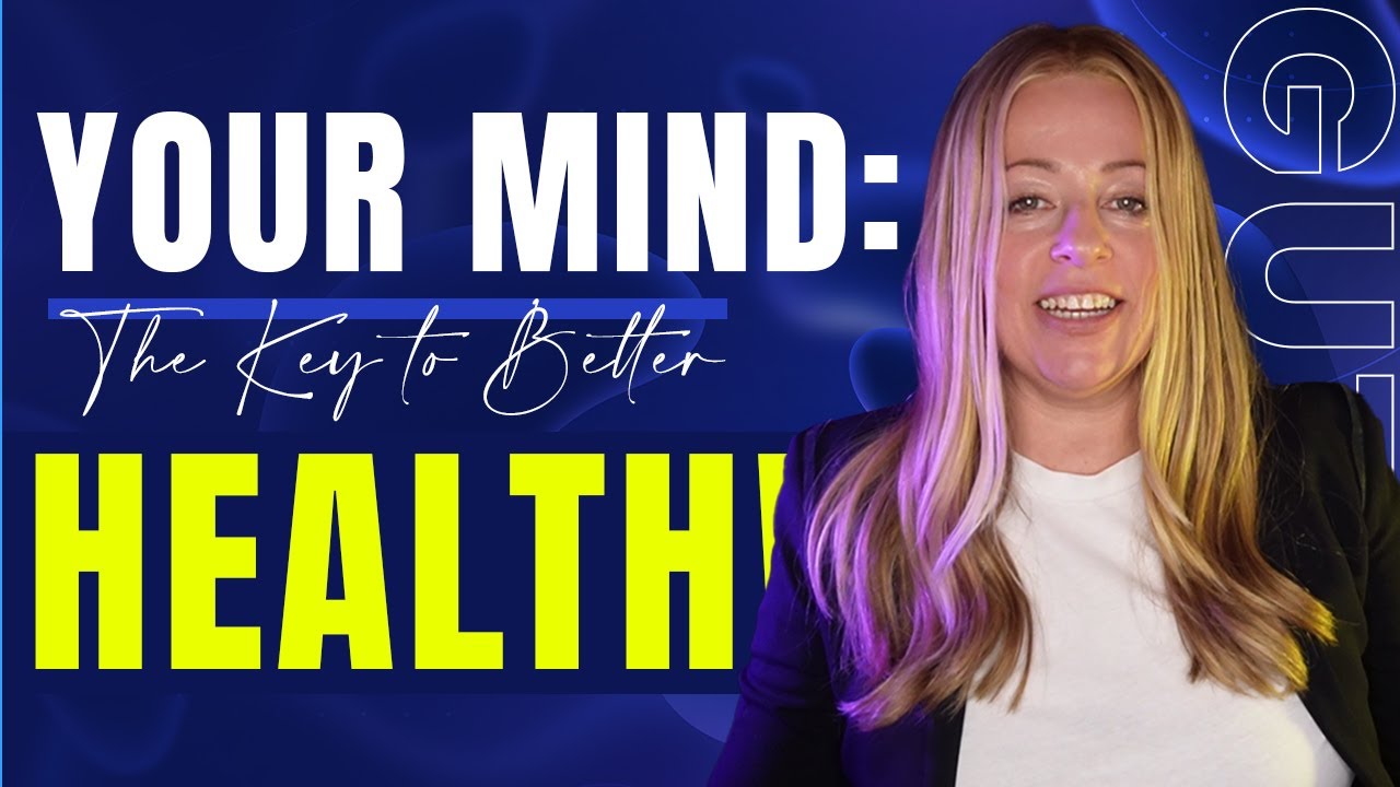 A woman stands in front of text that reads "Your Gut: The Key to Better Health!" on a blue and yellow background.
